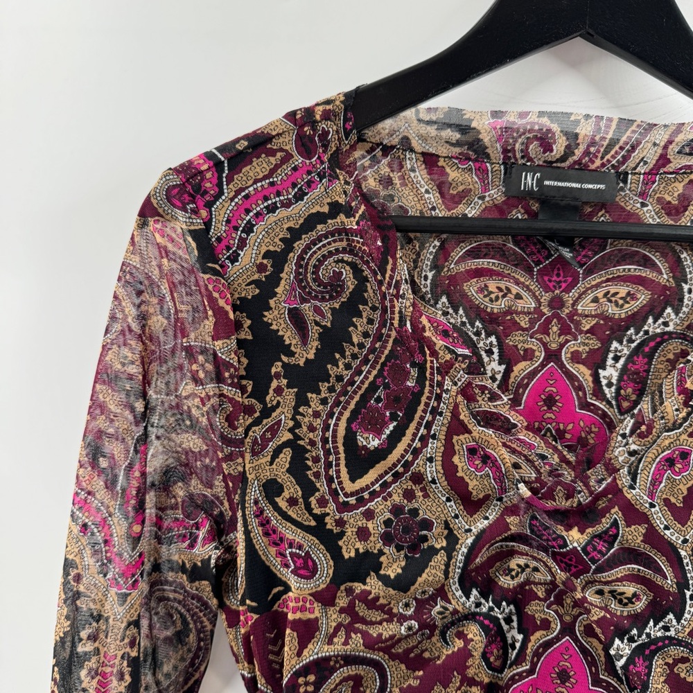 INC International Concepts Paisley Mesh Sleeve Top V-Neck Size Large - Picture 2 of 8